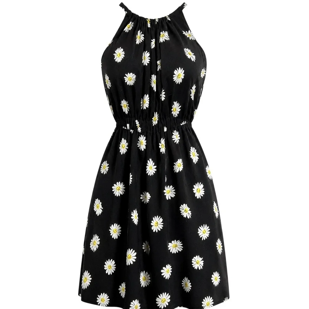 Kate Spade Daisy Halter Dress Black Floral Smocked Waist Preppy Coquette Garden